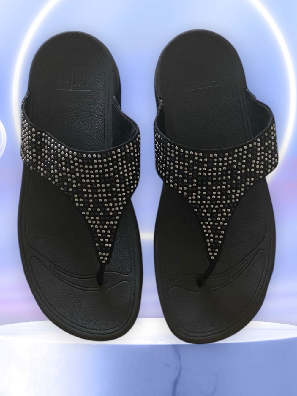 FITFLOP Sandals Thong Studded Sparkle Slide Black Size 8